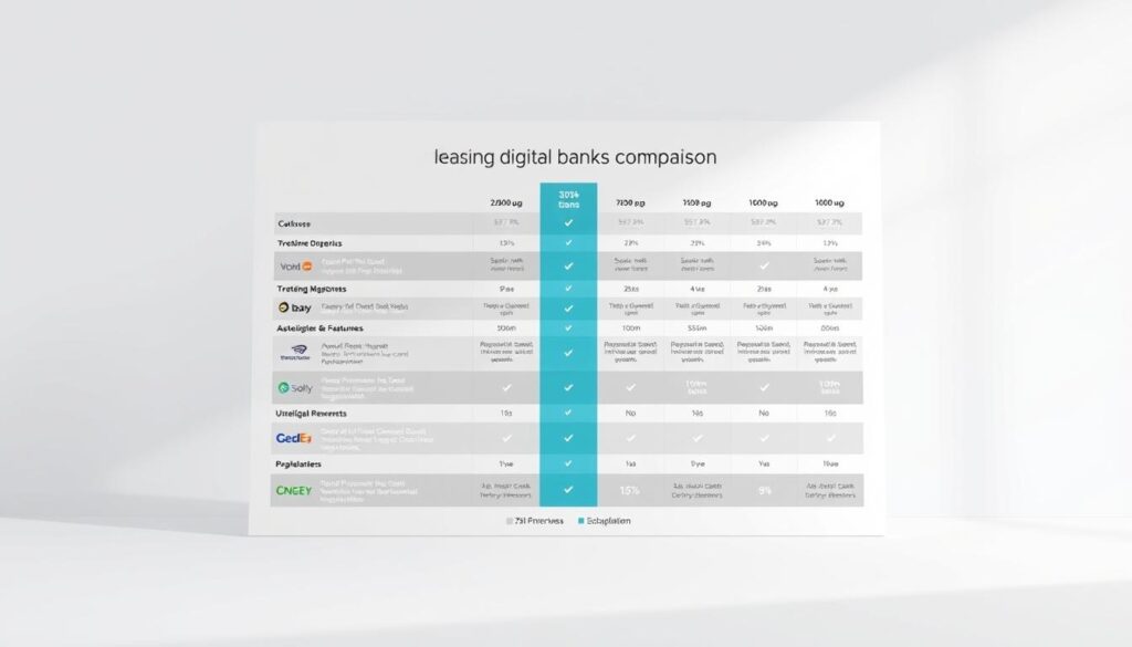 A detailed comparison of leading digital banks, showcased in a sleek and modern layout. A central table or infographic dominates the frame, displaying key metrics and features in a clean, data-driven manner. The background is a soft, neutral tone, allowing the information to take center stage. Discrete icons and subtle gradients provide visual interest without distracting from the core content. The lighting is balanced, with a slight directional emphasis to create depth and dimension. The overall aesthetic is professional, informative, and tailored to the financial audience of the article.