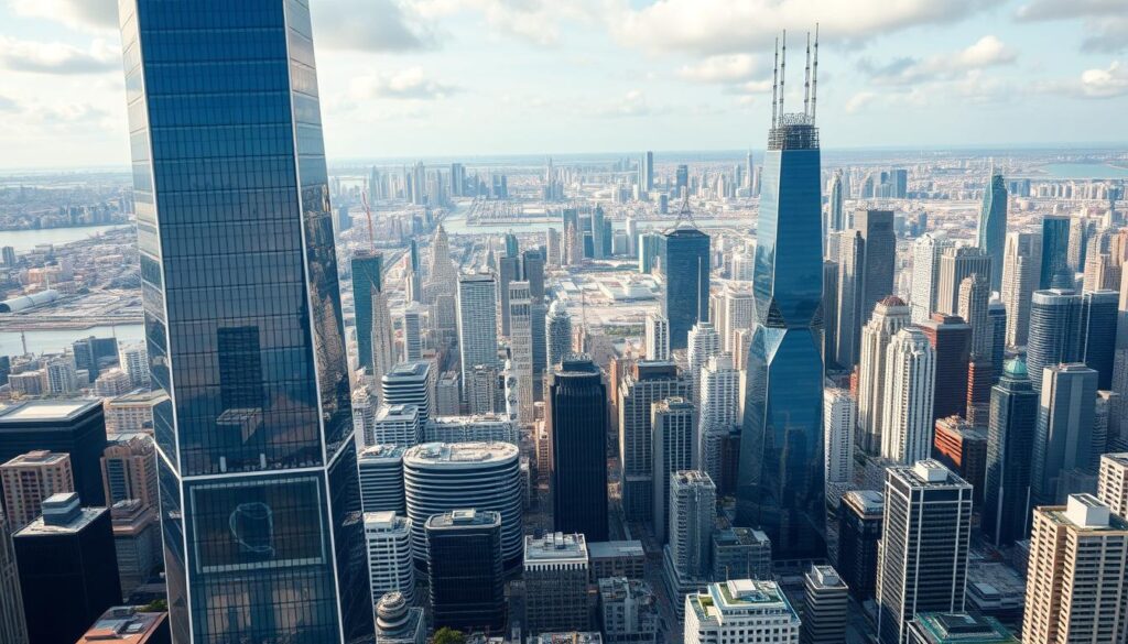 A dynamic cityscape bustling with economic vitality, where skyscrapers pierce the sky and futuristic technologies converge. In the foreground, a sleek, glass-paneled tower exudes an aura of innovation and progress. Surrounding it, a tapestry of modernist architecture and cutting-edge infrastructure, conveying the rapid growth and innovation of the 2025 business landscape. The middle ground showcases thriving industries, from renewable energy hubs to AI-driven enterprises, all woven together in a symphony of urban dynamism. The background is a vibrant, kaleidoscopic skyline, reflecting the diverse, thriving sectors that will shape the economic landscape of 2025.