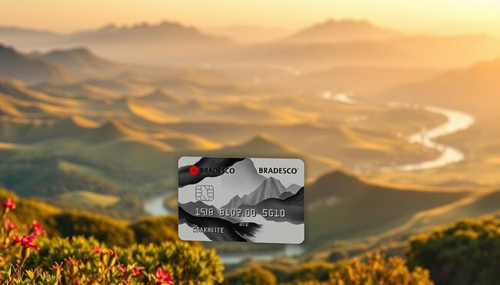 A lush, vibrant landscape depicting a tranquil scene of the Bradesco Elo Nanquim credit card in a travel-inspired setting. The card is prominently featured in the foreground, rendered in a striking ink-wash style that evokes the elegance of Japanese calligraphy. In the background, a serene vista unfolds, with rolling hills, winding rivers, and a distant mountain range bathed in warm, golden light. The composition is balanced and harmonious, conveying a sense of adventure and wanderlust. The lighting is soft and diffused, creating a dreamlike atmosphere that perfectly complements the refined aesthetic of the Bradesco Elo Nanquim card design.