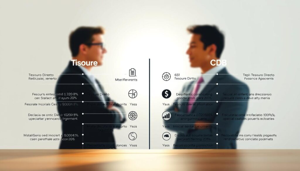 A meticulously crafted side-by-side comparison of the Tesouro Direto and CDB financial instruments, rendered in a clean, infographic-style illustration. The foreground depicts the key features of each, with crisp icons and carefully chosen typography. The background features a subtle gradient or abstract pattern, providing visual balance and a professional aesthetic. The lighting is soft and natural, creating depth and emphasizing the informative nature of the image. The camera angle is slightly elevated, giving an authoritative, editorial perspective. The overall mood is one of clarity, precision and financial expertise, reflecting the subject matter of the article section.