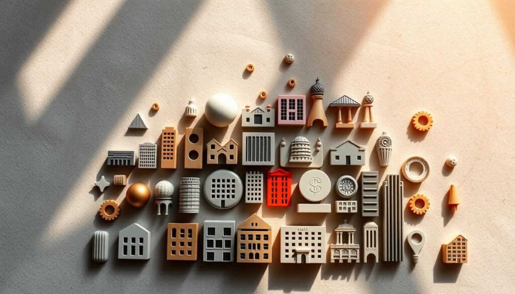 A meticulously curated collection of diverse real estate investment trust (REIT) icons, strategically arranged against a muted, textured backdrop, conveying the essence of portfolio diversification. Shafts of warm, natural light illuminate the complex interplay of investment vehicles, each representing a unique opportunity to mitigate risk and optimize returns. The composition embodies the thoughtful, analytical approach to building a resilient REIT portfolio, guiding the viewer through the nuances of asset allocation and risk management.