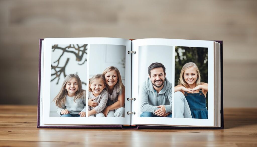 Gerar imagem de um álbum de fotos personalizado com imagens de família felizes