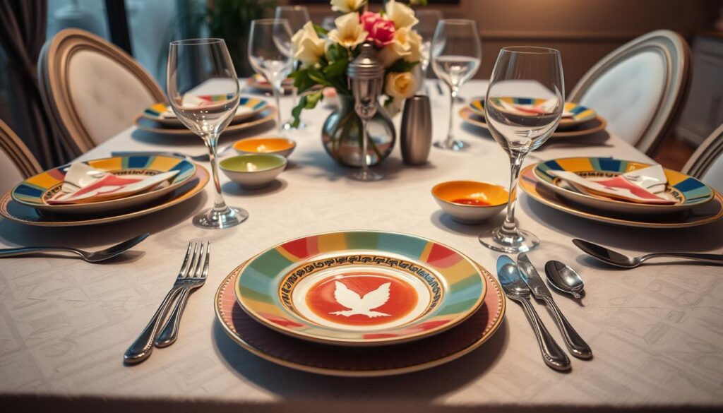 Imagem de uma mesa posta com louças coloridas e utensílios bonitos