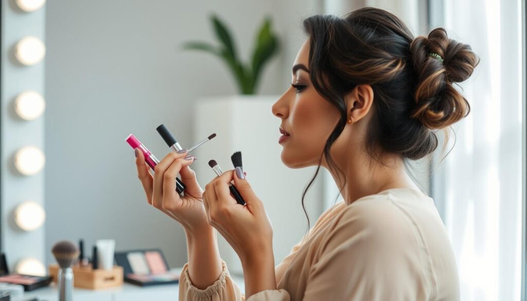 Imagem de uma mulher aplicando maquiagem com uma variedade de produtos de beleza