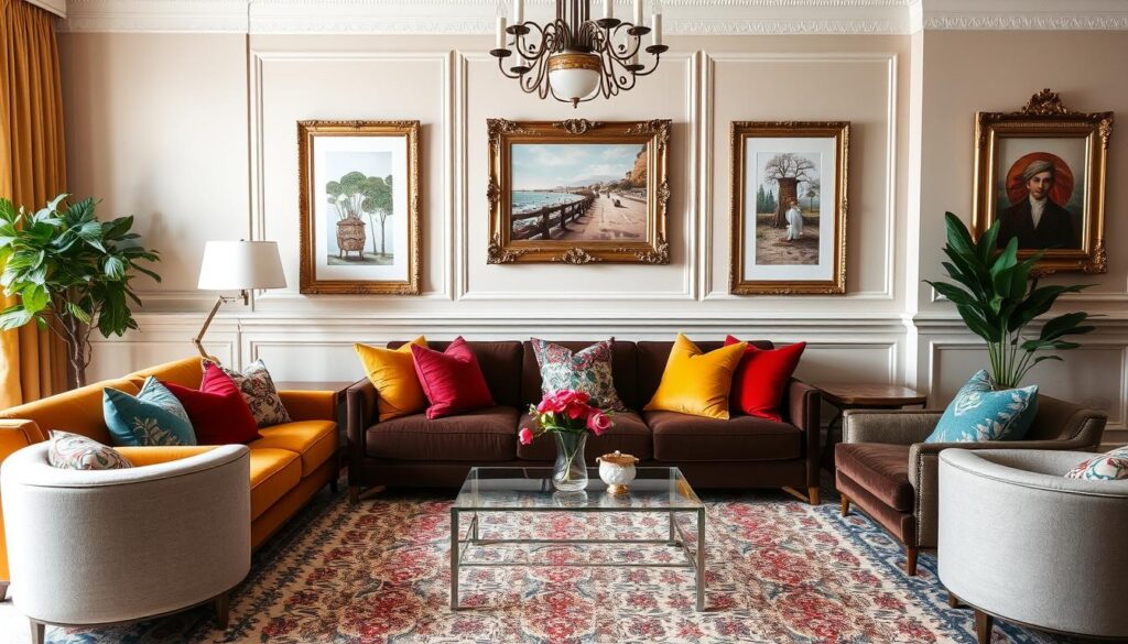 Imagem de uma sala de estar decorada com almofadas coloridas e porta-retratos elegantes