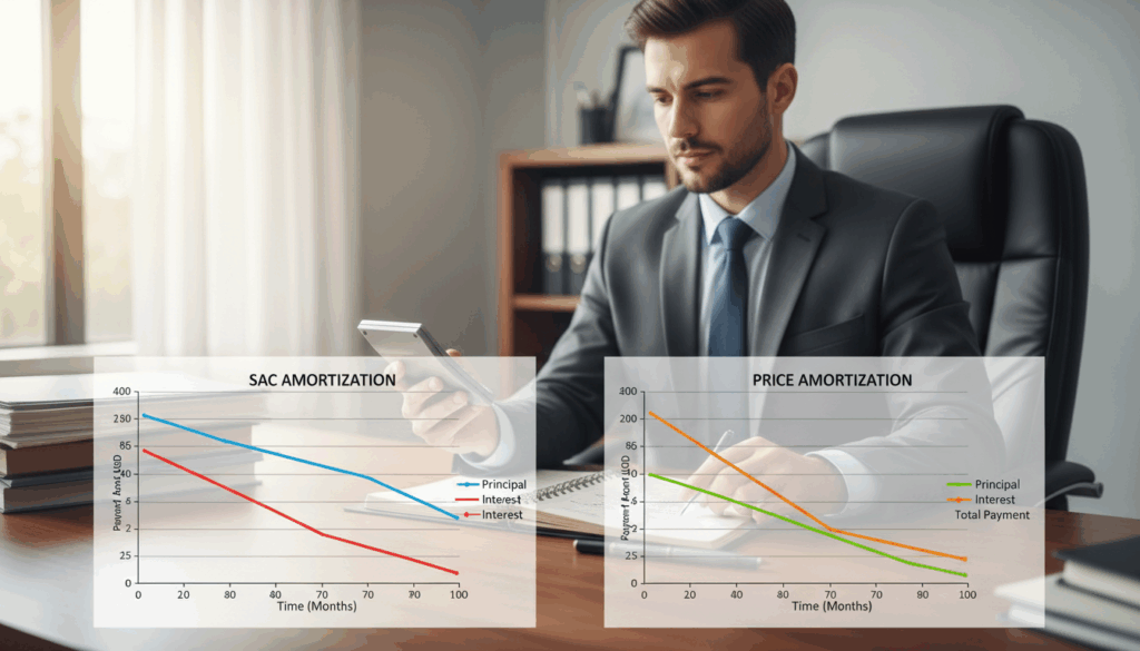 A detailed, visually engaging illustration depicting the concepts of "SAC" and "PRICE" amortization systems in the context of real estate financing. In the foreground, show two distinct graphs clearly contrasting payment schedules for SAC and PRICE, meticulously labeled and color-coded. In the middle ground, include a thoughtful business professional, dressed in formal attire, analyzing the graphs with a calculator and notepad. In the background, create a softly blurred office environment featuring a modern desk and financial documents to enhance the focus on the graphs. Use bright, natural lighting to evoke a sense of clarity and purpose. The overall atmosphere should be focused, informative, and professional, suitable for an educational article on real estate financing.