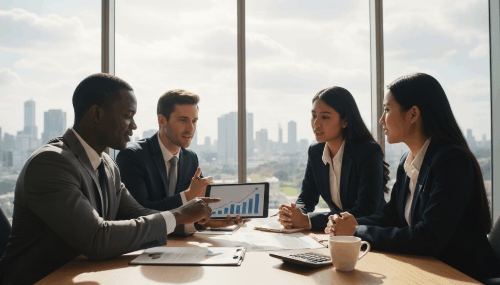 A professional office environment showcasing a diverse group of individuals engaged in a discussion about mortgage financing. In the foreground, a man in a suit holds a tablet displaying financial graphs while a woman in smart business attire points at the screen, emphasizing a point. The background features a large window with natural light pouring in, cityscape visible outside, creating an uplifting atmosphere. On a desk, there are financial documents, a calculator, and a coffee cup. Soft shadows enhance the scene, captured with a wide-angle lens to provide depth. The overall mood is collaborative and focused, reflecting the importance of income and credit assessment in securing a loan.